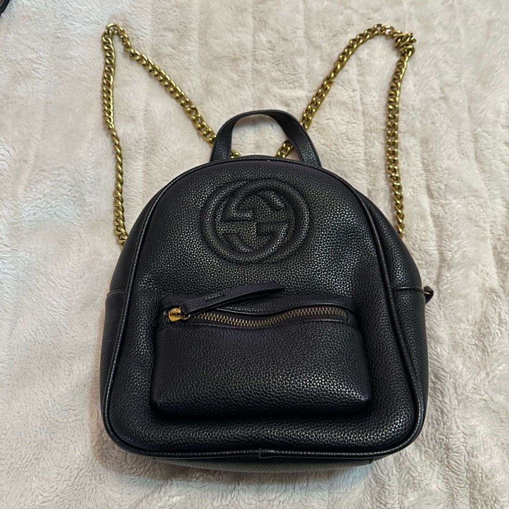 GG Black Pebbled Leather Mini Backpack with Gold Chain Straps